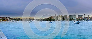 Panorama views of Sydney Harbour Bridge NSW Australia. Residential apartments and office buildings