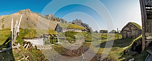 Panorama the viking village in Stokksnes, Iceland with Vestrahorn mountain