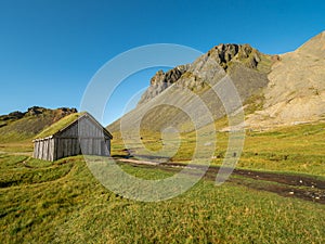 Panorama the viking village in Stokksnes, Iceland with Vestrahorn mountain