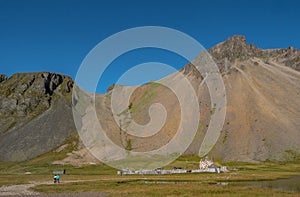 Panorama the viking village in Stokksnes, Iceland with Vestrahorn mountain