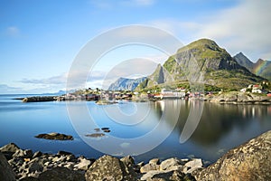 Panorama of A - village, Moskenes, on the Lofoten in northern Norway. Norwegian fishing village, with the typical rorbu houses photo