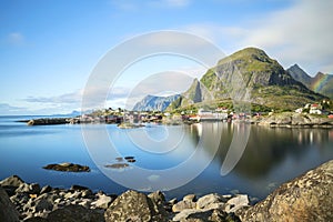 Panorama of A - village, Moskenes, on the Lofoten in northern Norway. Norwegian fishing village, with the typical rorbu houses