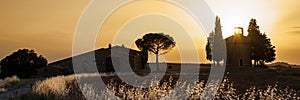 Panorama of Vitaleta Chapel at sunset, Tuscan landscape near San Quirico d`Orcia, Siena, Tuscany Italy