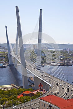 Panorama of Vladivostok. Golden bridge. Russia