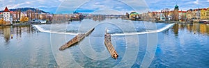 Panorama of Vltava River mirror surface, Malostranska and Sitkov Water Towers, Prague, Czech Republic