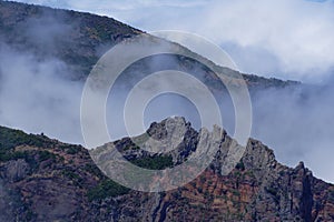 Panorama of volcanic rocks and peaks visible from Pico do Arieiro, Madeira Portugal