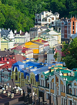 Panorama of Vozdvizhenska and Honcharna street in the Podol district in Kiev city photo