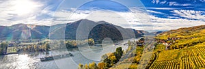 Panorama of Wachau (Unesco world heritage site) with ships on Danube river near the Weissenkirchen village in Lower