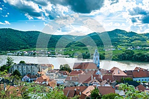 Panorama of Wachau valley Danube river near Duernstein village in Lower Austria