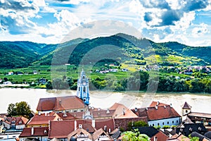 Panorama of Wachau valley Danube river near Duernstein village in Lower Austria