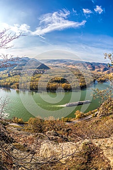 Panorama of Wachau valley with ship on Danube river during autumn in Austria, UNESCO