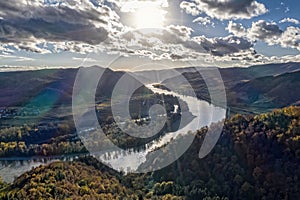 Panorama of Wachau valley (UNESCO) during autumn with Danube river near the Durnstein village in Lower Austria, Austria