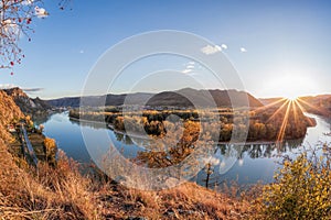 Panorama of Wachau valley (UNESCO) during autumn with Danube river near the Durnstein village in Lower Austria, Austria