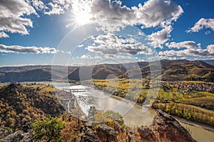 Panorama of Wachau valley (UNESCO) during autumn with Danube river near the Durnstein village in Lower Austria, Austria