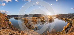 Panorama of Wachau valley (UNESCO) during autumn with Danube river near the Durnstein village in Lower Austria, Austria