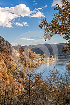 Panorama of Wachau valley (UNESCO) during autumn with Danube river near the Durnstein village in Lower Austria, Austria