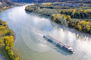 Panorama of Wachau valley (UNESCO) with ship on Danube river near the Durnstein village in Lower Austria, Austria