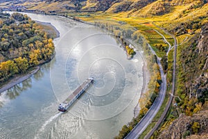 Panorama of Wachau valley (UNESCO) with ship on Danube river near the Durnstein village in Lower Austria, Austria