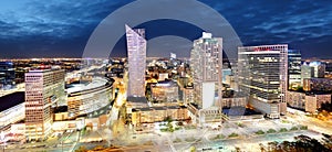 Panorama of Warsaw city center during the night, Poland