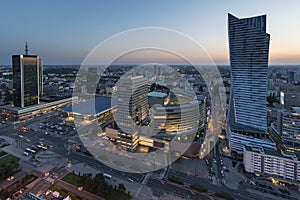 Panorama of Warsaw city center during sundown