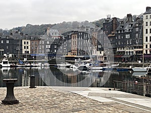 Panorama of waterfront with beautiful medieval old houses in Honfleur, Normandy, Normandie, France