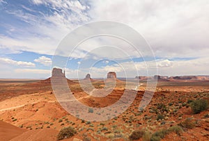 Panorama with West Mitten Butte, East Mitten Butte and Merrick Butte in Monument Valley. Arizona
