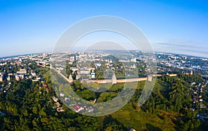 Panorama of the western wall of the Smolensk Kremlin and the old part of the city of Smolensk from a flight height on a