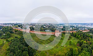 Panorama of the western wall of the Smolensk Kremlin and the old part of the city of Smolensk from a flight height on a