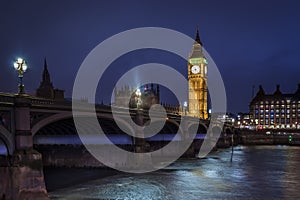 Panorama Westminster Bridge, Big Ben Tower with clock, evening, lights, river Thames, district of London, UK