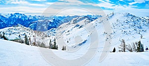 Panorama of white Alps, Feuerkogel Mountain plateau, Ebensee, Salzkammergut, Austria