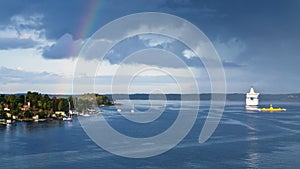 Panorama with white cruise liner in Baltic Sea