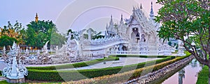 Panorama of White Temple and its topiary garden, Chiang Rai, Thailand