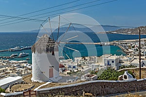 Panorama of white windmill and island of Mykonos, Greece