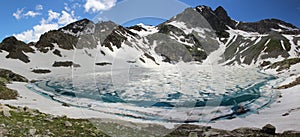 Panorama whith beautiful snow lake with blue ice