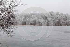 Panorama of wide river on winter day