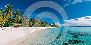 Panorama of wide sandy beach on a tropical island in Maldives. Coconut palms and water lodge , AI Generated