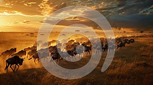 Panorama of wildebeest herd crossing savannah at sunset