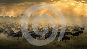 Panorama of wildebeest herd crossing savannah at sunset