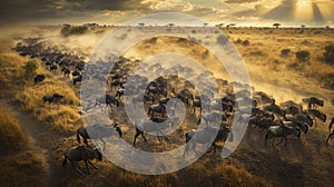 Panorama of wildebeest herd crossing savannah at sunset