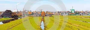 Panorama with windmill in Zaanse Schans, traditional village, Netherlands, North Holland