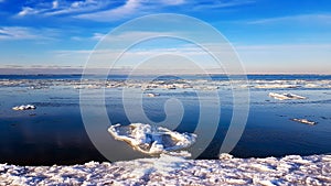 Panorama of winter Baltic Sea with snow and ice