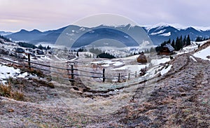 Panorama of winter Carpathian mountains at sunrise