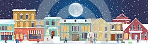Panorama with winter cityscape and people. Snowy night in a cozy city. Winter Christmas village with night landscape. People