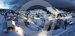 Panorama of winter fairytale village on snowy mountain landscape, Slovakia