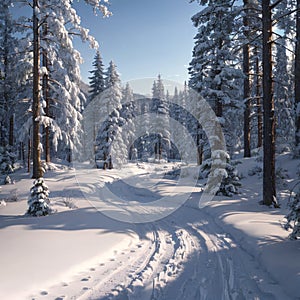Panorama of winter forest with trees covered snow made with Generative AI