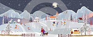 Panorama Winter landscape, Christmas and new year celebrated in the town with red background, Modern city life, Vector flat