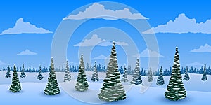 Panorama. Winter landscape. Fir trees forest in snow.