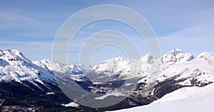 Panorama winter mountain landscape with peaks and the lakes near St. Moritz in the background