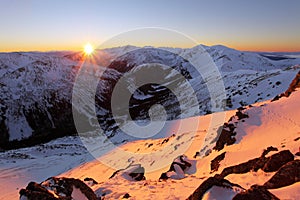 Panorama of winter Tatra Mountains at sunrise