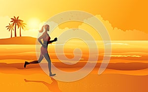 Panorama of woman jogging at the beach